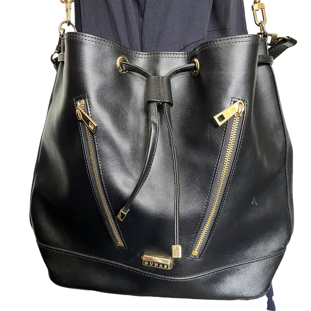 Gunas Bucket Vegan Leather Hand Bag Purse Shoulder Strap Zippers Black  Pockets